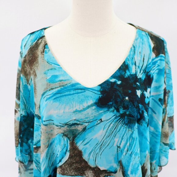 Zac & Rachel Teal Gray Floral V-Neck Ponco Flutter Sleeveless Blouse Top XL Poly - Picture 4 of 9